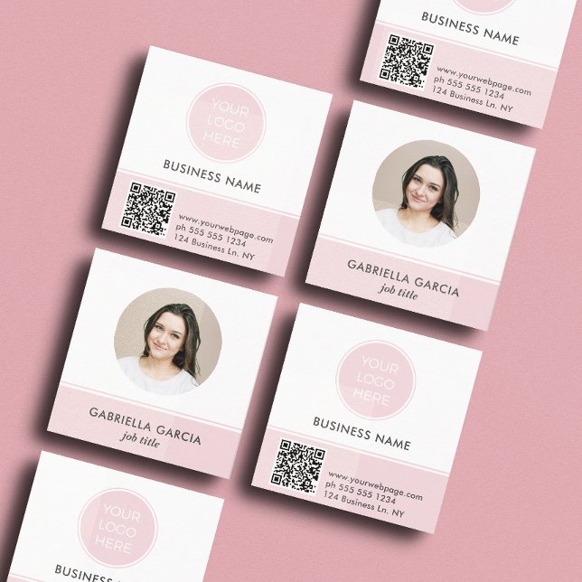 Pink Logo QR Code Photo Square Business Card Quadratische Visitenkarte ( Front and back of a square 2.5 inch. pink business card. Choose a corner and paper style.)