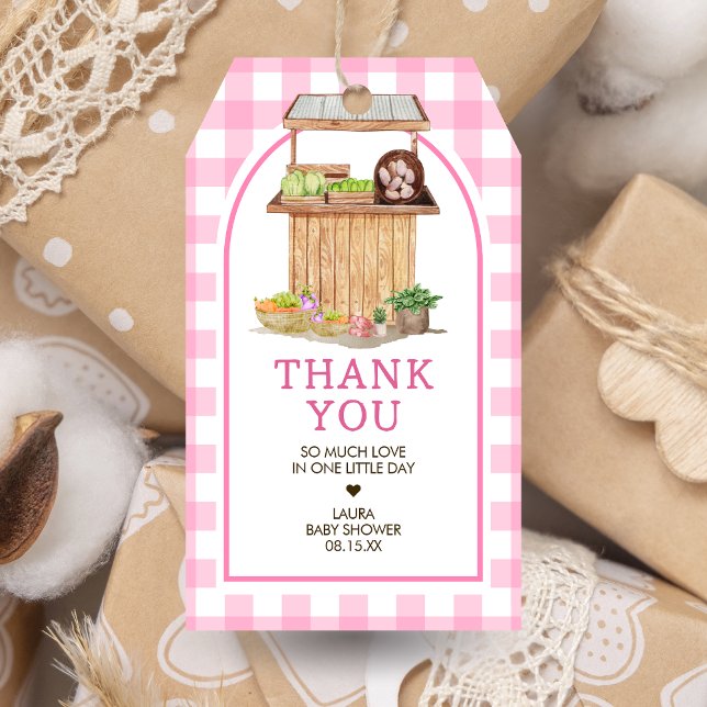 Pink Lokal gezüchtete Babydusche-Liebesmarken Geschenkanhänger (Pink Farmers Market Locally Grown Baby Shower Favor Tags)