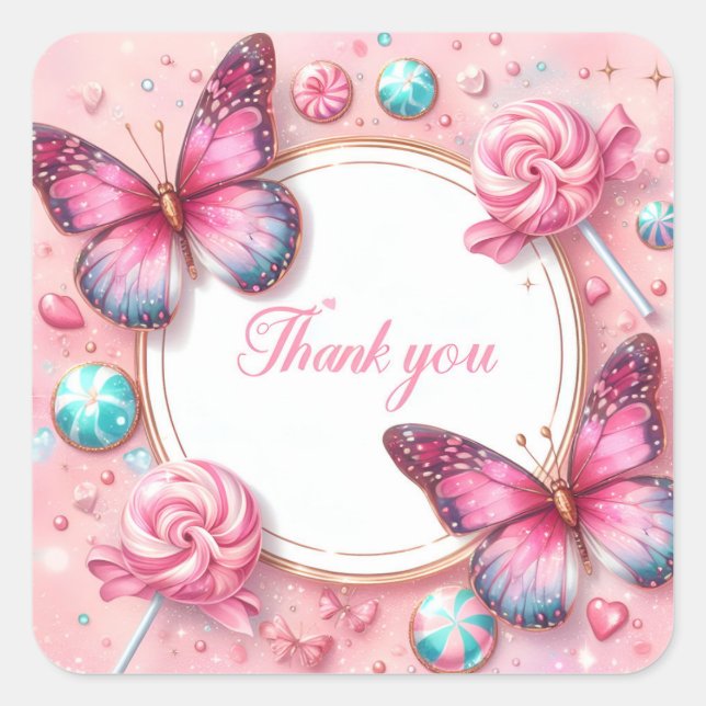 Pink Lollipop Candy Butterfly - Danke - Quadratischer Aufkleber (Vorderseite)