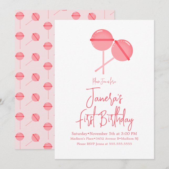 Pink Lollipops Candy Bar First Birthday Einladung (Vorne/Hinten)