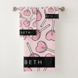 Pink Lollipops, Heart Lollipops, Lolly, Your Name Badhandtuch Set