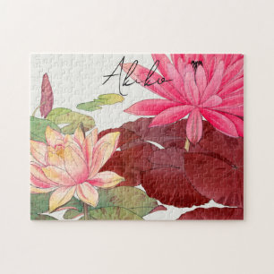 Pink Lotus Blume Japanisch Vintage Kunstbezeichnun Puzzle