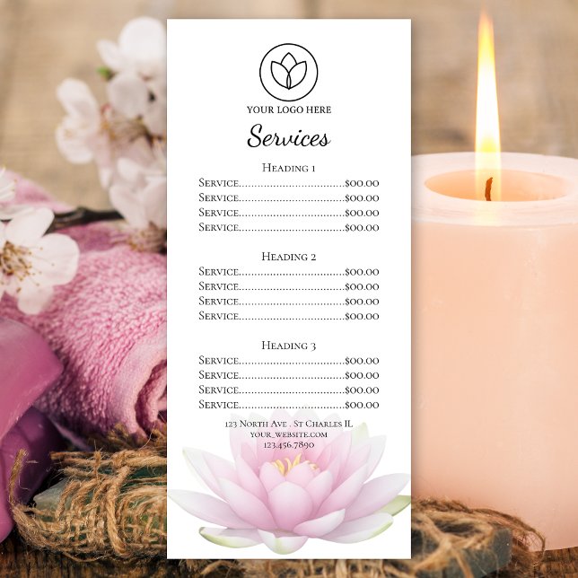 Pink Lotus Flower Spa Salon Service Menu Werbekarte (Von Creator hochgeladen)