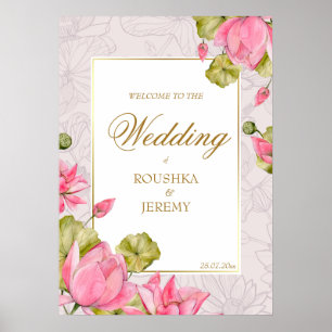 Pink lotus flowers golden border welcome sign poster
