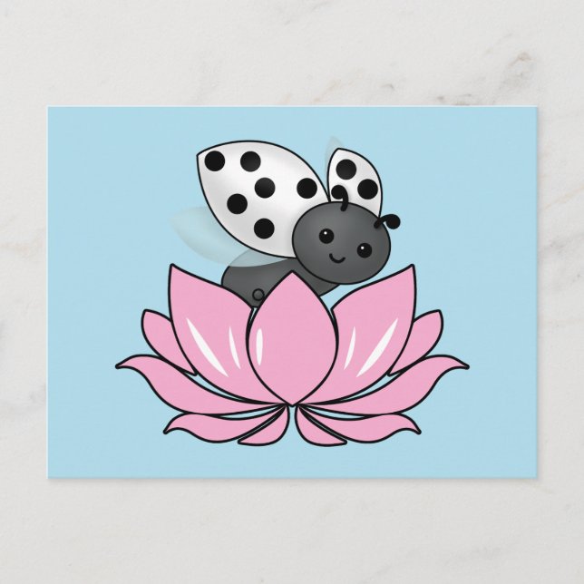 Pink Lotus White Ladybug Postkarte (Vorderseite)