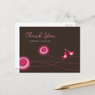 Pink Love Birds & Dotted Blume Whimsical Wedding Postkarte