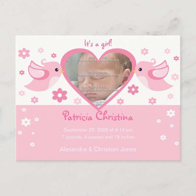 Pink Love Birds Foto Baby Birth Ankündigung (Vorderseite)