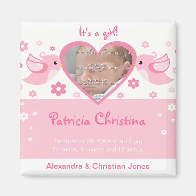 Pink Love Birds Foto Baby Birth Ankündigung Magnet (Vorne)