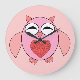 Pink Love Heart Owl Wall Clock Große Wanduhr