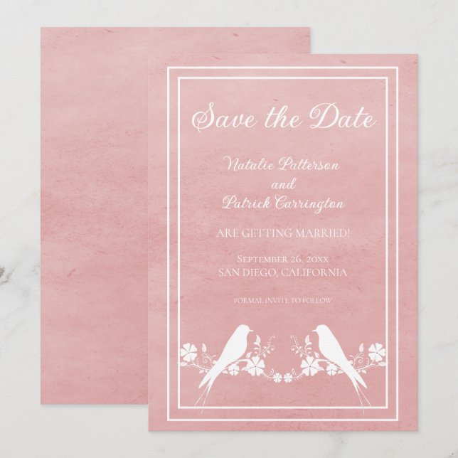 Pink Lovebird Floral Save the Date einladen Einladung (Vorne/Hinten)