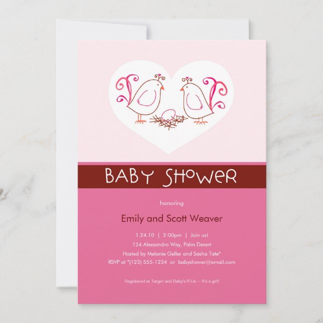Pink Lovebirds und Nest Baby Shower Einladungen (Vorderseite)