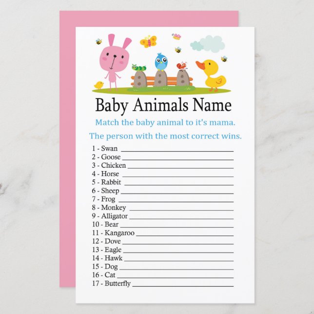 Pink lustiges Kaninchen Baby Tiere Name Spiel (Vorne/Hinten)