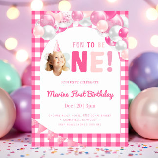 Pink macht Spaß, ein Foto-Mädchen zum ersten Gebur Einladung