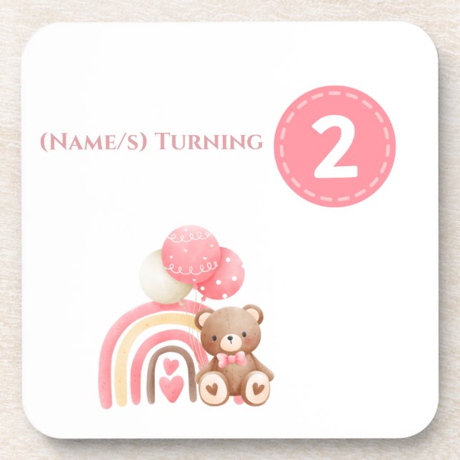 Pink mädchenhaft 2. Geburtstag Regenbogen, Teddy & Getränkeuntersetzer (Vorderseite)