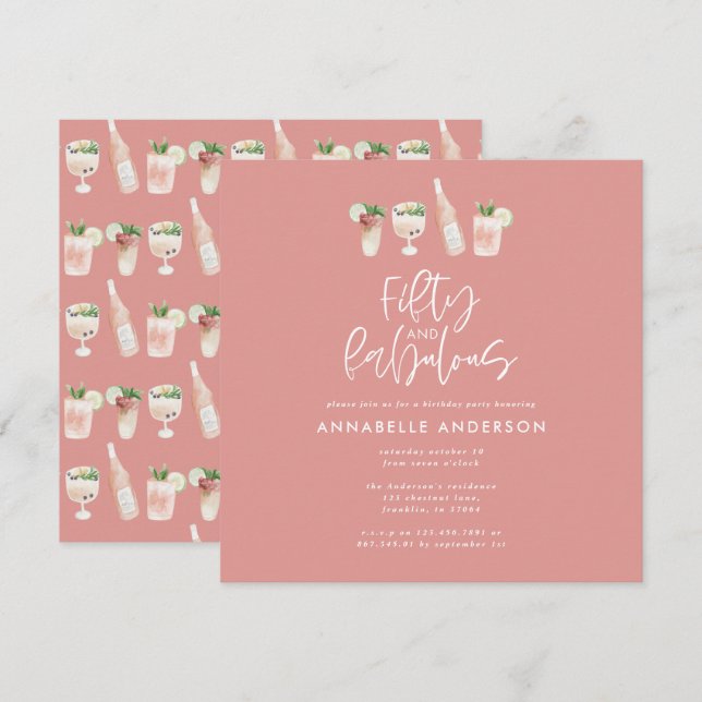 Pink mädchenhaft Wasserfarbe 50 und fabelhafte Geb Einladung (Vorne/Hinten)