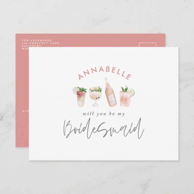 Pink mädchenhafte Aquarellgetränke Brautjungfrau Einladungspostkarte (Vorne/Hinten)