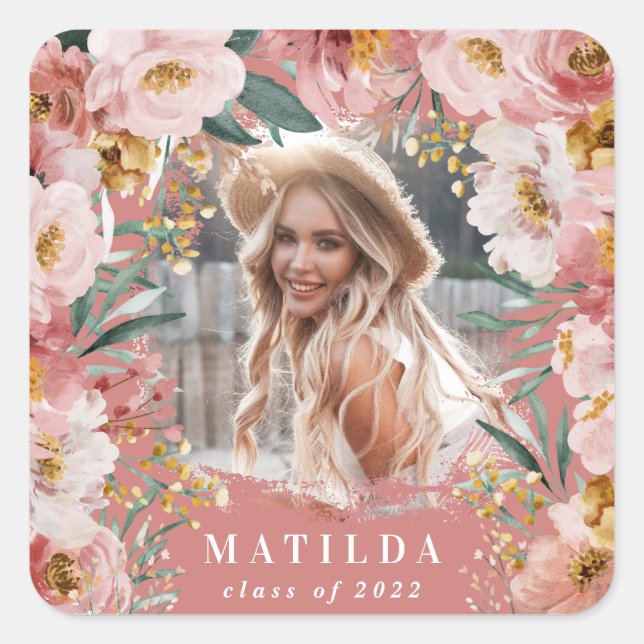 Pink mädchenhafte Foto Graduierungsparty elegant Quadratischer Aufkleber (Vorderseite)