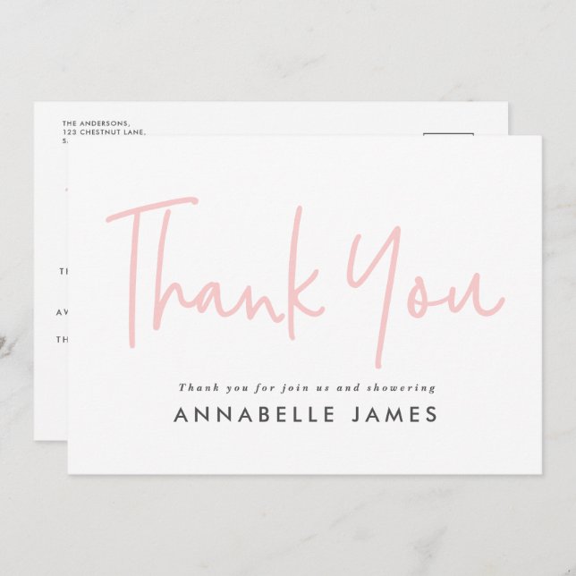 Pink mädchenmoderne Typografie stylish danke Einladung (Vorne/Hinten)