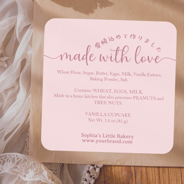 Pink Made with Love Script Ingredient Product Quadratischer Aufkleber (Von Creator hochgeladen)