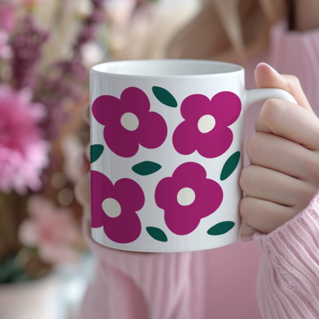 Pink Magenta Abstrakt Retro Blume Muster Kaffeetasse (bold magenta abstract flower coffee mug, popping colors, large flowers)