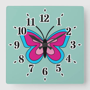 Pink Magenta Blue Butterfly Quadratische Wanduhr
