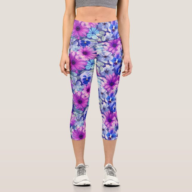 Pink Magenta Blumenmuster Capri Leggings (Vorderseite)