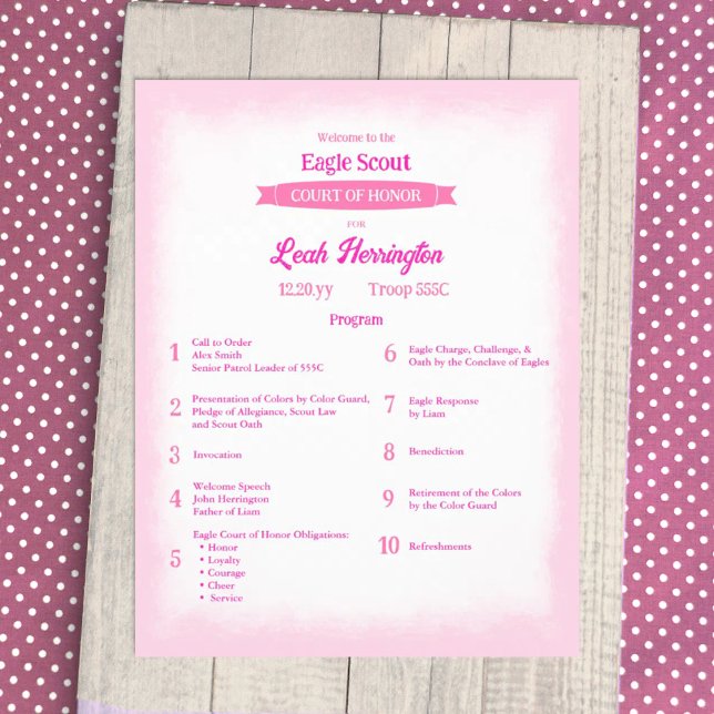 Pink & Magenta Eagle Ehrengerichtsprogramm Flyer (Pink eagle scout court of honor ceremony program flyer, decorative pink banner ribbon design)