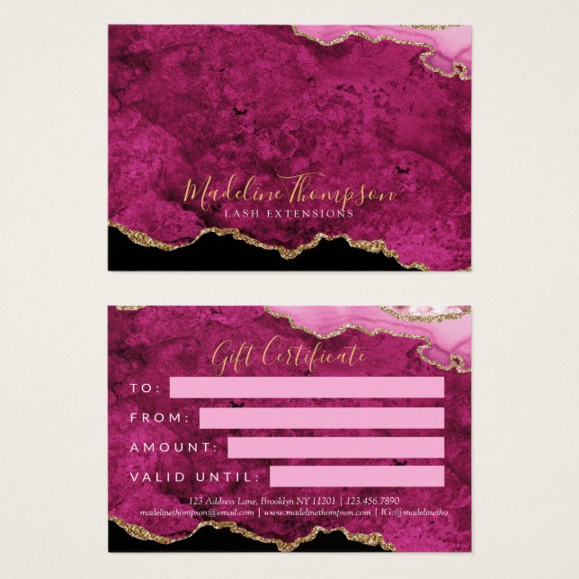 Pink Magenta Gold Agate Business Gift Certificate (Vorne & Hinten)