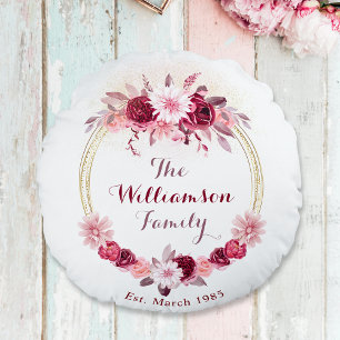 Pink Magenta Hütte Wreath Family Monogram Rundes Kissen