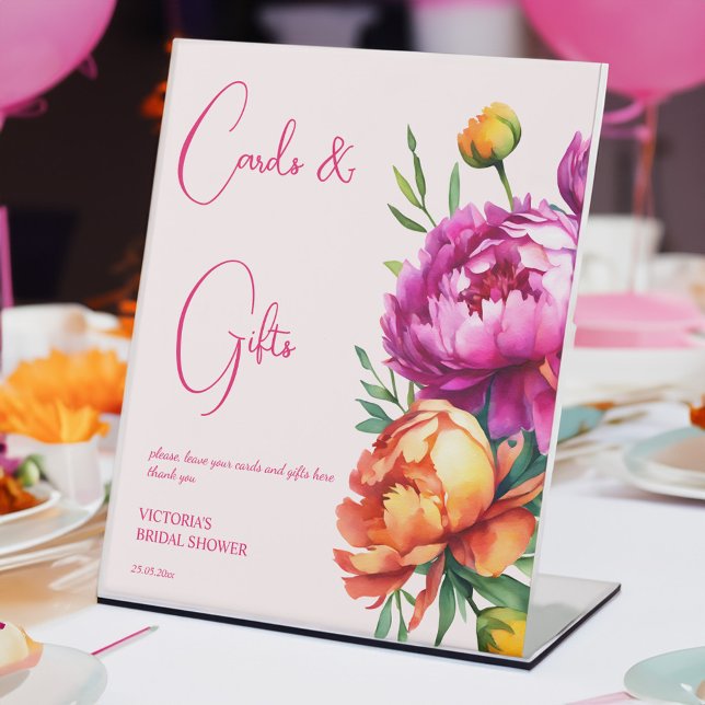 Pink magenta peach peonies Karten und Geschenke Sockelschild (Pink magenta peach peonies summer bridal shower cards and gifts pedestal sign table decor)