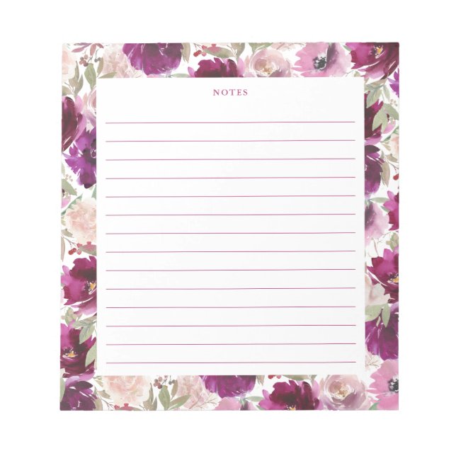 Pink Magenta Wasserfarbe Florals Notepad Notizblock (Vorderseite)