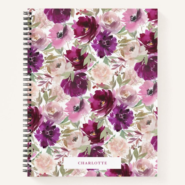 Pink Magenta Watercolor Florals Spiralnotebook Notizbuch (Vorderseite)