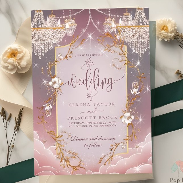 Pink Magical Golden Accent Wedding Einladung (Von Creator hochgeladen)