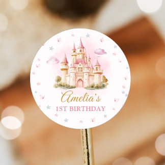 Pink Magical Princess Castle Geburtstagsaufkleber Runder Aufkleber