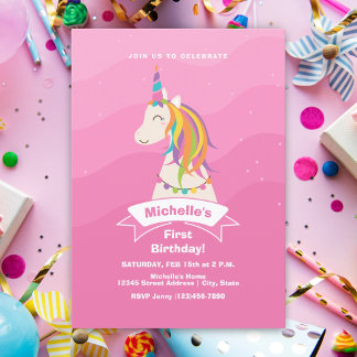 Pink Magical Rainbow Unicorn Baby 1. Geburtstag Einladung