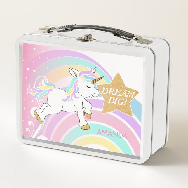 Pink Magical Rainbow Unicorn - Dream Big Metall Brotdose (Vorderseite)