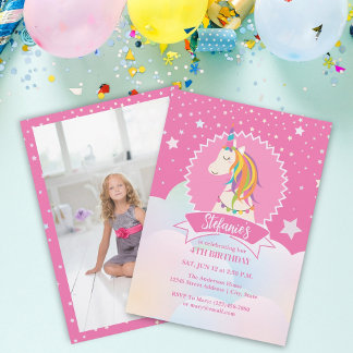 Pink Magical Rainbow Unicorn Girl Birthday Foto Einladung