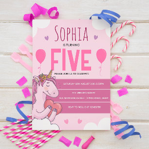 Pink Magisches Einhorn 5. Geburtstagsfeier Postkarte