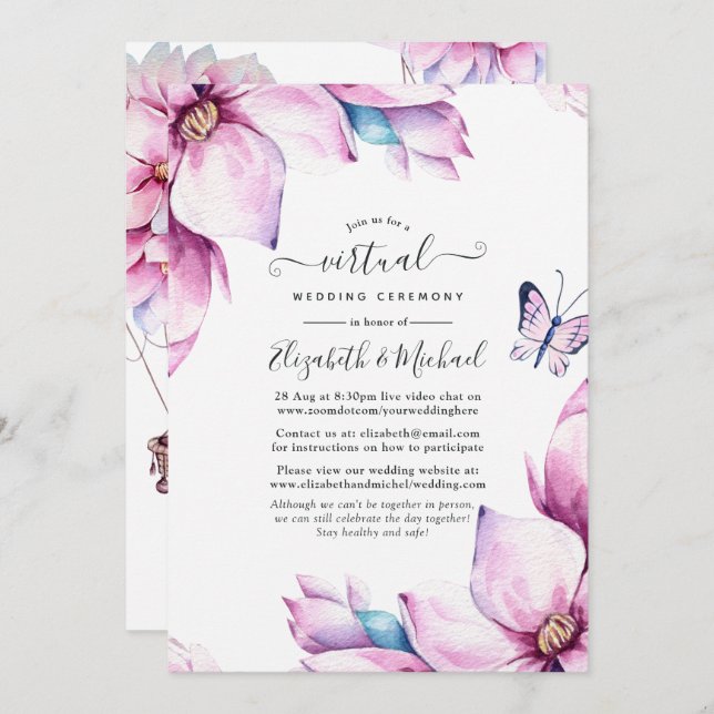 Pink Magnolia Bloral Online Virtual Wedding Einladung (Vorne/Hinten)