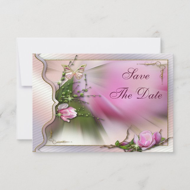 Pink Magnolia Butterfly Sparkle Save the Date (Vorderseite)