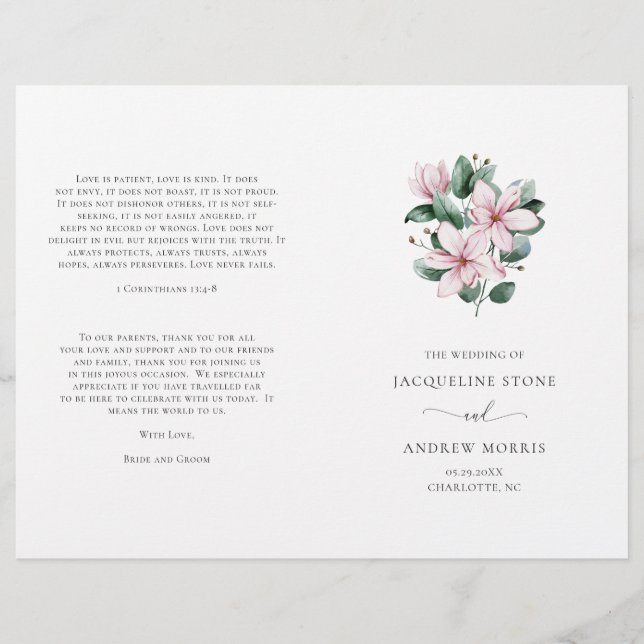 Pink Magnolia Floral Folded Wedding Programm (Vorderseite)