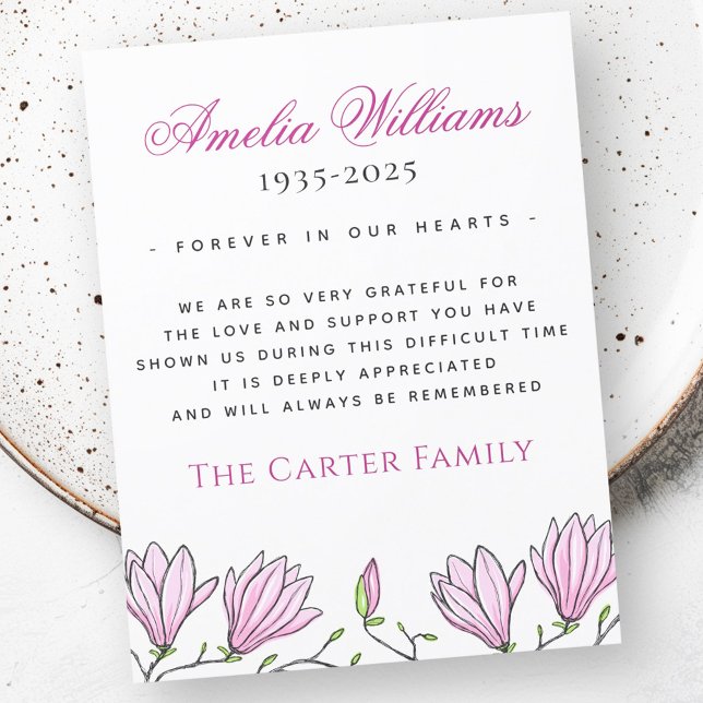 Pink magnolia Flow Beerdigung Beileid danke Ihnen  (Pink magnolia flow funeral sympathy thank you card)