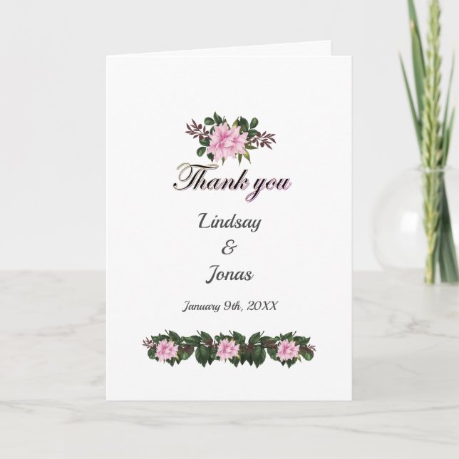 Pink Magnolia Greenery Floral Wedding Vielen Dank Karte (Vorderseite)