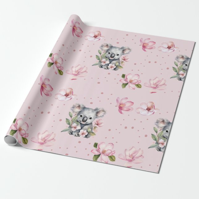 Pink Magnolia Koala Bear Watercolor Geschenk Geschenkpapier (Ungerollt)