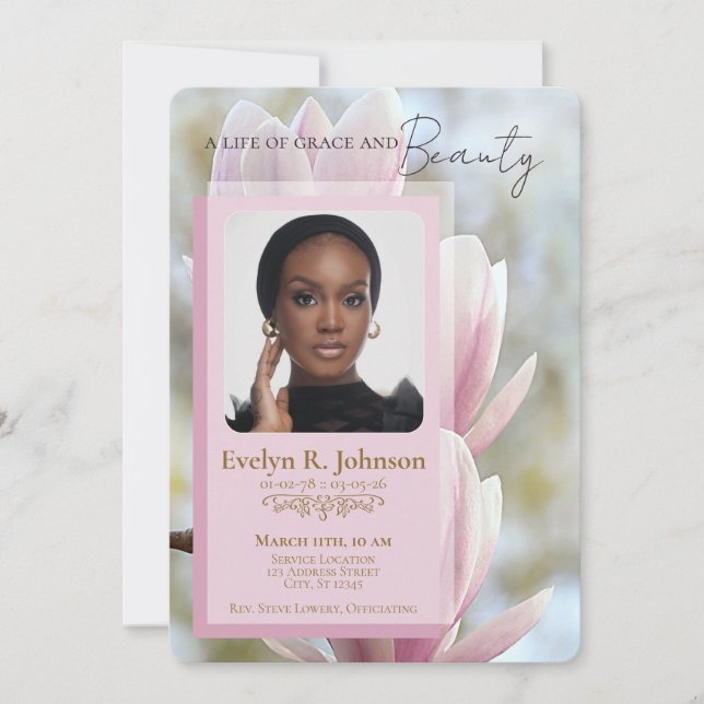 Pink Magnolia‑style photo funeral program Einladung (Vorderseite)