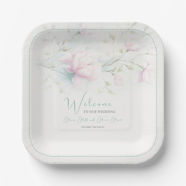 Pink Magnolia Wedding Willkommen Pappteller (Vorderseite)