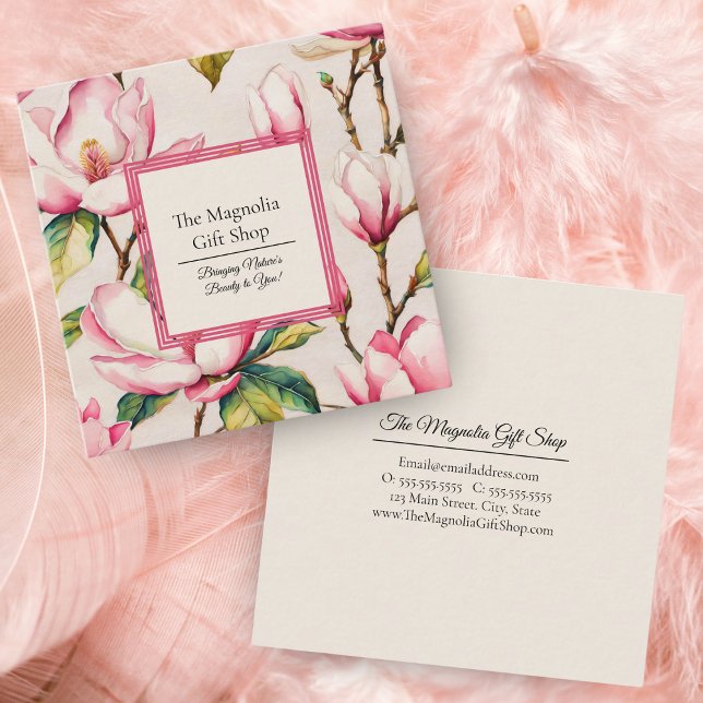Pink Magnolias Blumenmuster Quadratische Visitenkarte (Embrace sophistication with our elegant pink magnolia pattern business card.)