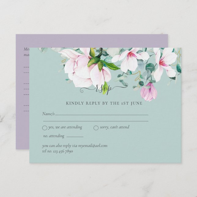 Pink Magnolias Lavender Eucalyptus Wedding rsvp Po Postkarte (Vorne/Hinten)