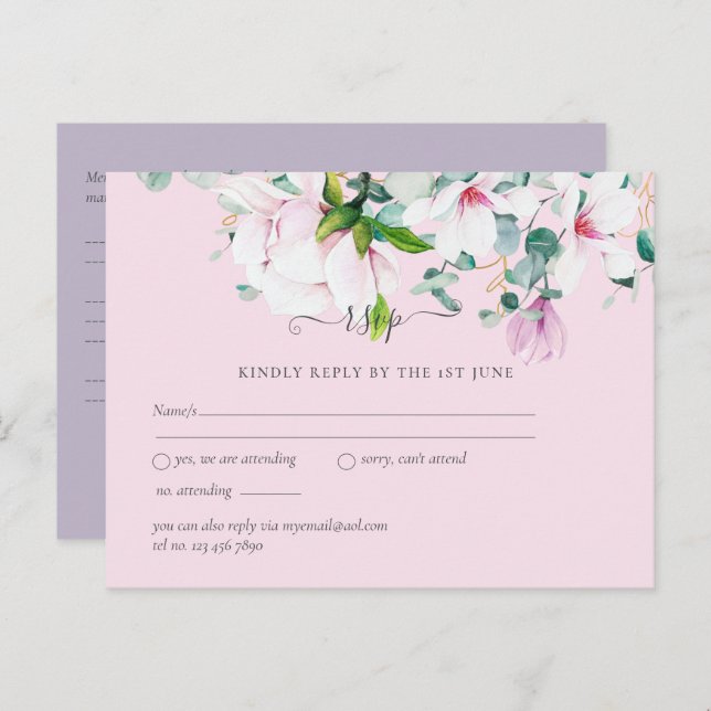 Pink Magnolias Lavender Eucalyptus Wedding rsvp Po Postkarte (Vorne/Hinten)