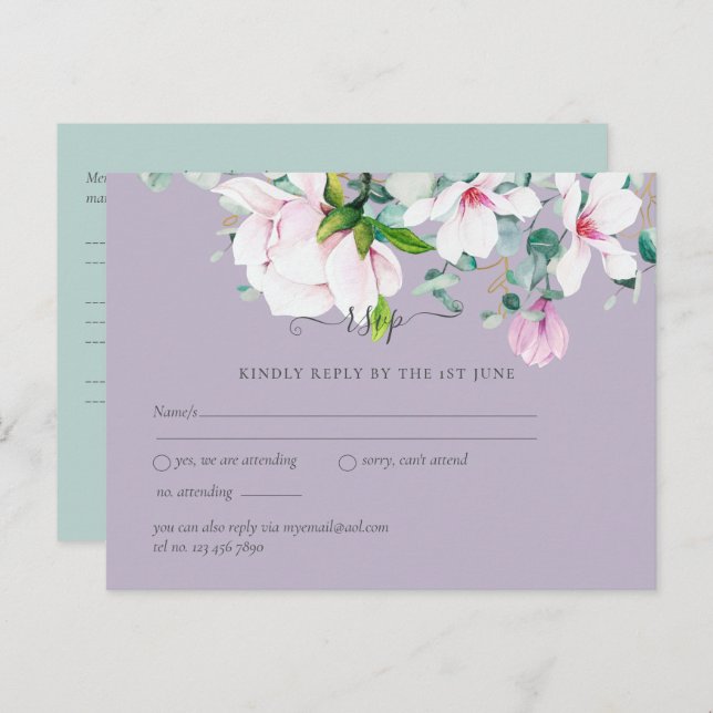 Pink Magnolias Lavender Eucalyptus Wedding rsvp Po Postkarte (Vorne/Hinten)